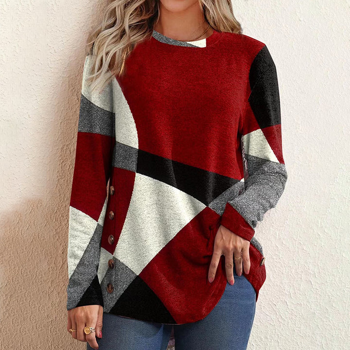 Damen Feinstrickpullover mit geometrischem Colorblock und Zierknöpfen Drune