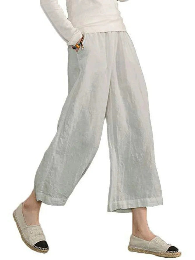Damen weite Leinenhose mit seitlichen Taschen und elastischem Bund Drune