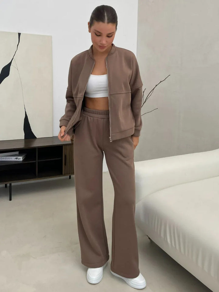 Damen lässiges Zip-Lounge-Set mit Stehkragen und weitem Highwaist-Joggpant Drune
