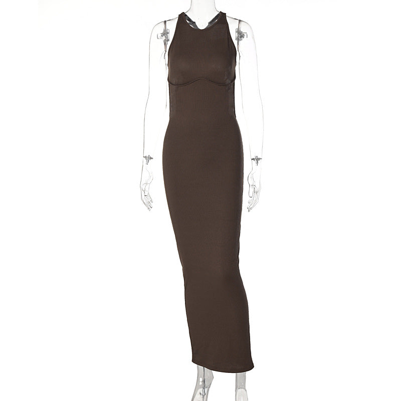 Damen körpernahes Strick-Maxi-Kleid mit raffiniertem Ausschnitt und langen Trägern Drune