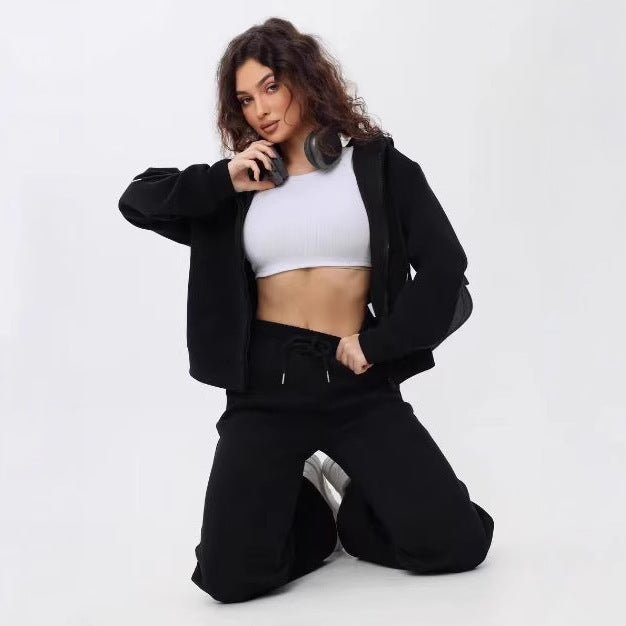 Damen nan zweiteiliges Cozy-Loungewear-Set mit Reißverschlusskapuze, taillenhoher Weitbein-Jogger und verdeckten Eingrifftaschen Drune