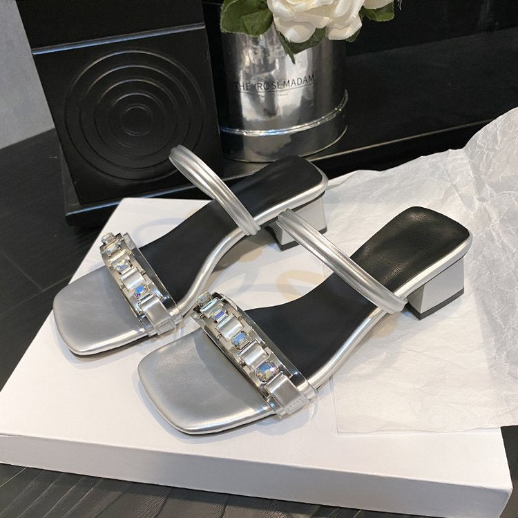 Damen elegante Mules mit gekreuzten Riemen und Blockabsatz Drune