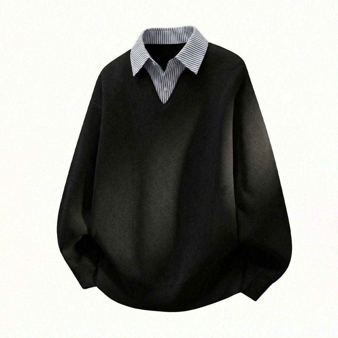 Unisex Oversize-Pullover im Lagenlook mit eingearbeitetem Hemdkragen und V-Ausschnitt Drune