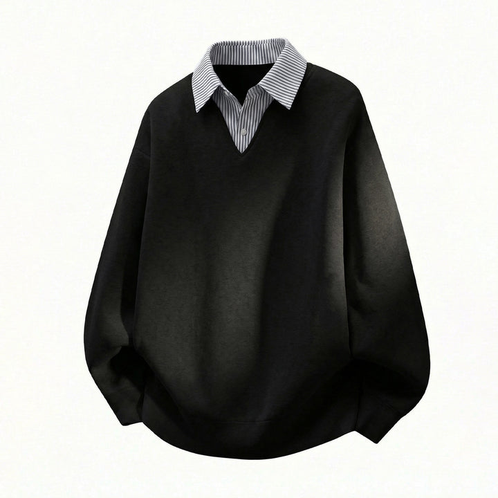 Unisex Oversize-Pullover im Lagenlook mit eingearbeitetem Hemdkragen und V-Ausschnitt Drune