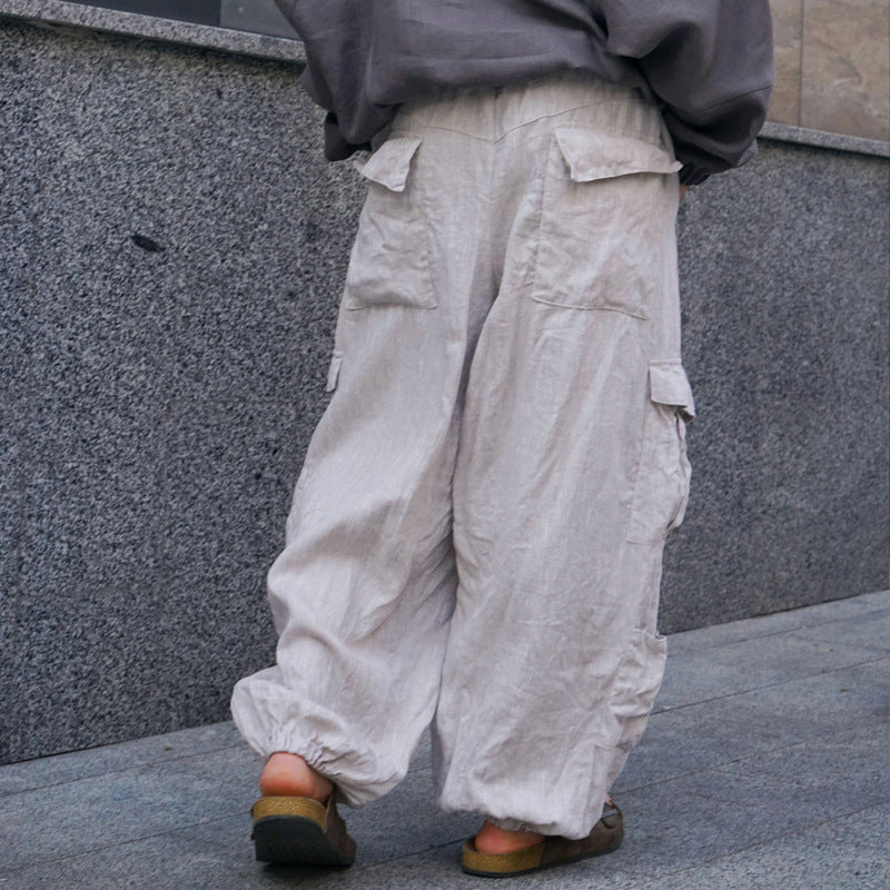 Herren Weite Leinen-Cargohose mit elastischem Bund, Falten und aufgesetzter Seitentasche Drune