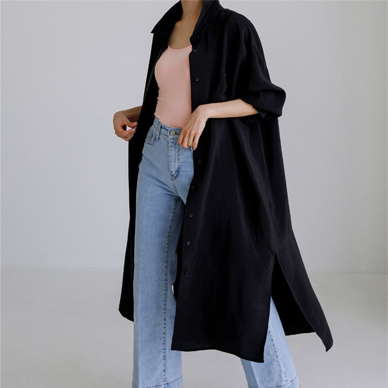 Damen Weites Oversize-Hemdblusenkleid mit Brusttasche und hohen Seitenschlitzen Drune