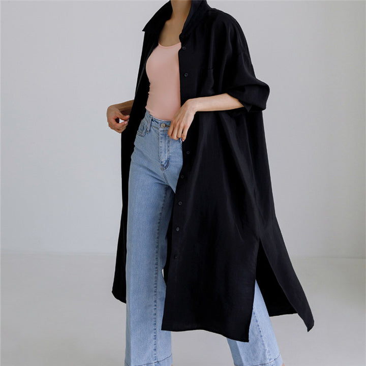 Damen Weites Oversize-Hemdblusenkleid mit Brusttasche und hohen Seitenschlitzen Drune