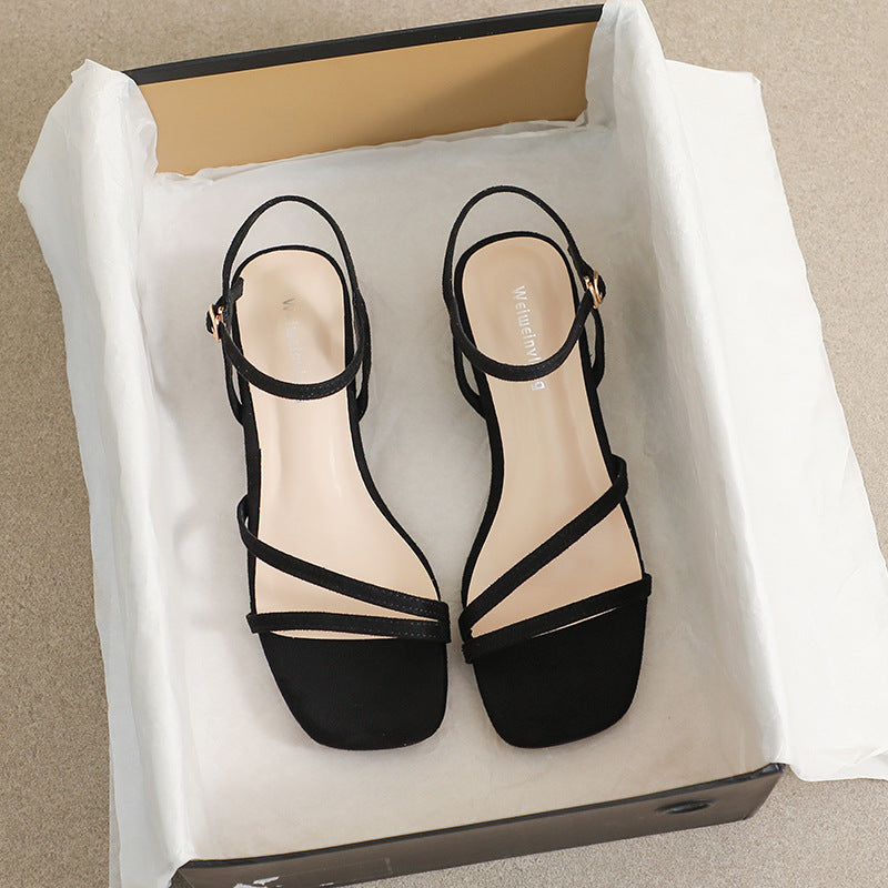 Damen Elegante Fußbett-Sandalen mit dünnen Riemen und modischem Blockabsatz Drune