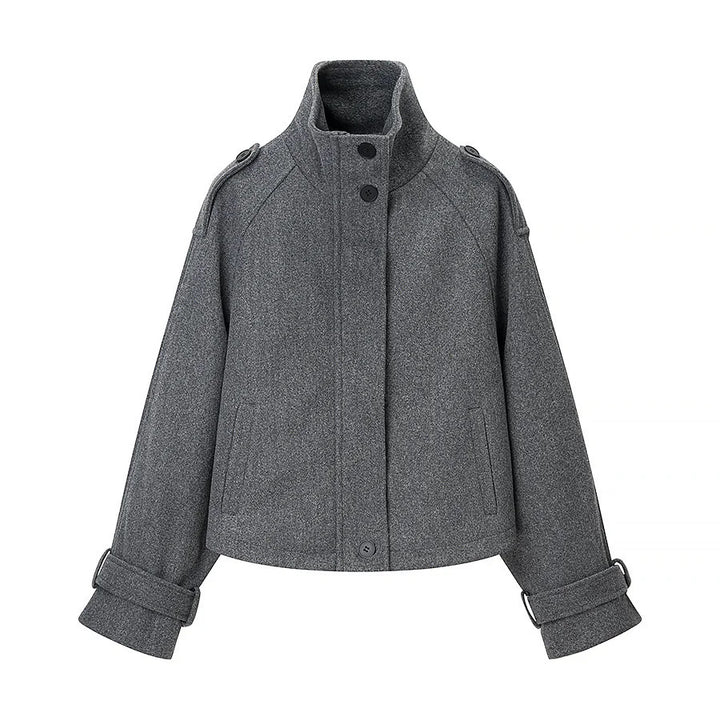 Damen nan kurze boxy Wollmixjacke mit hohem Stehkragen, Schulterpatten und verstellbaren Schnallenmanschetten Drune