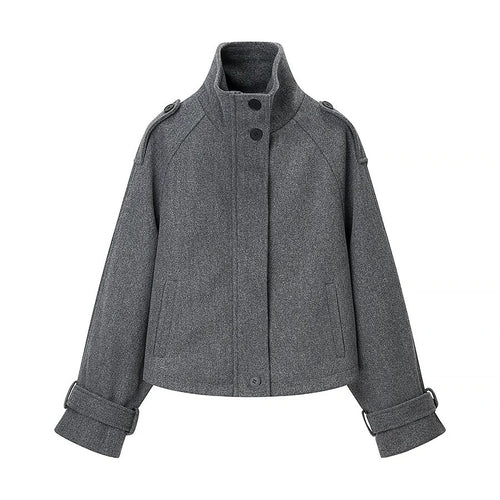 Damen nan kurze boxy Wollmixjacke mit hohem Stehkragen, Schulterpatten und verstellbaren Schnallenmanschetten Drune