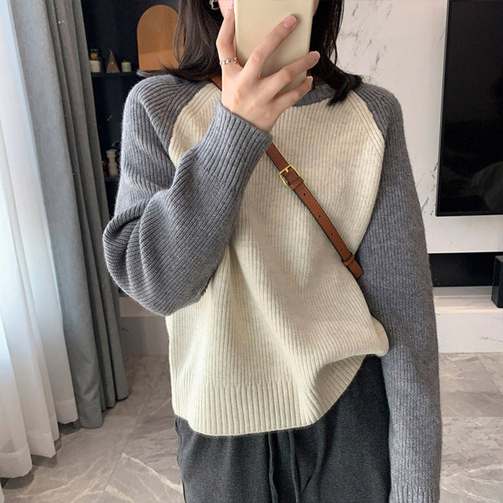 Damen lässiger Strickpullover mit modernem Rippenmuster und Raglanärmeln Drune