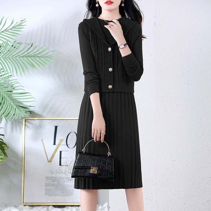 Damen elegantes Strickkleid mit großem Kragen und Knopfdetails Drune