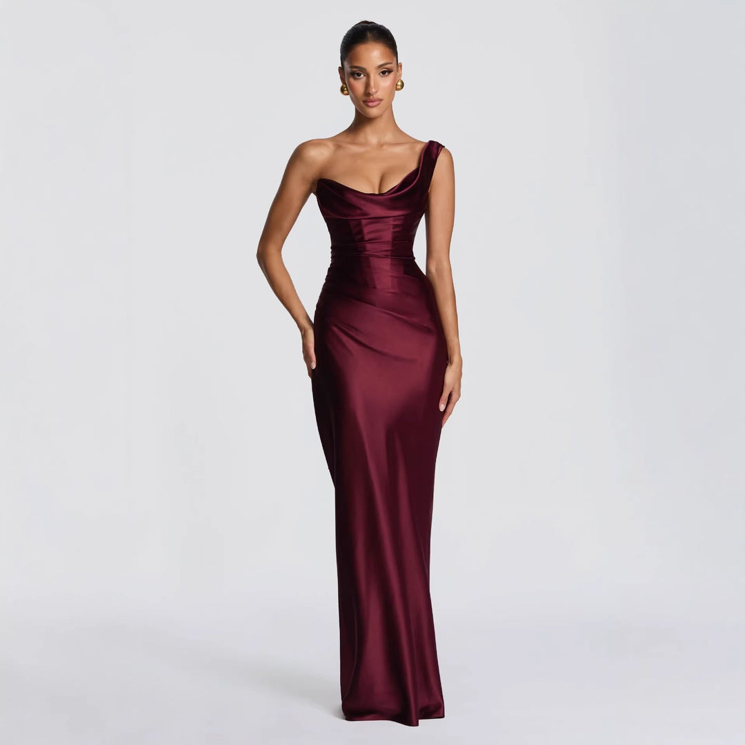 Damen Elegantes Satin Lang Abendkleid mit asymmetrischem Schnitt und figurschmeichelndem Design Drune