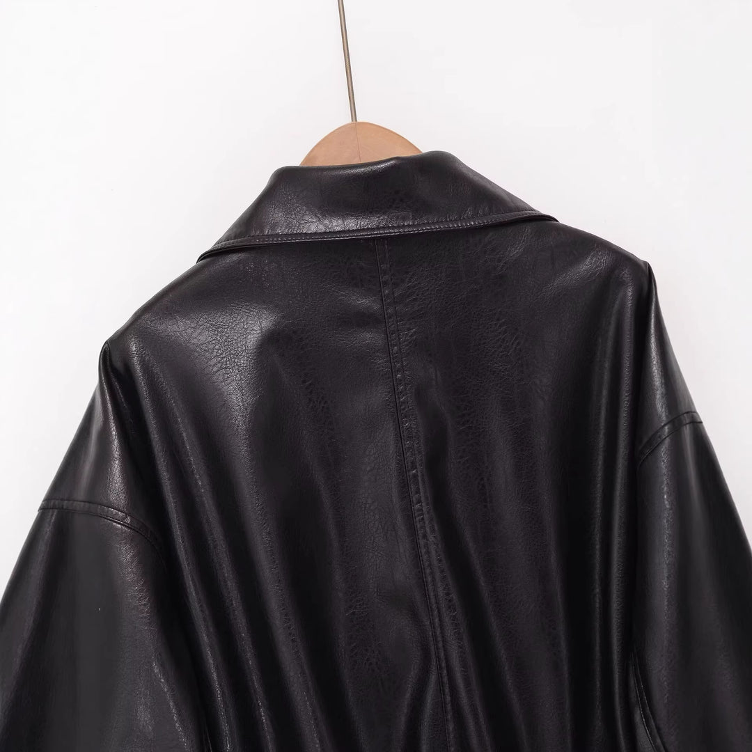 Damen Cropped-Blouson im Bomberstil aus veganer Glattlederoptik mit hohem Stehkragen Drune