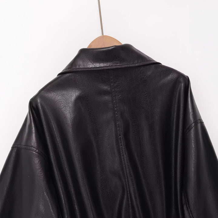 Damen Cropped-Blouson im Bomberstil aus veganer Glattlederoptik mit hohem Stehkragen Drune