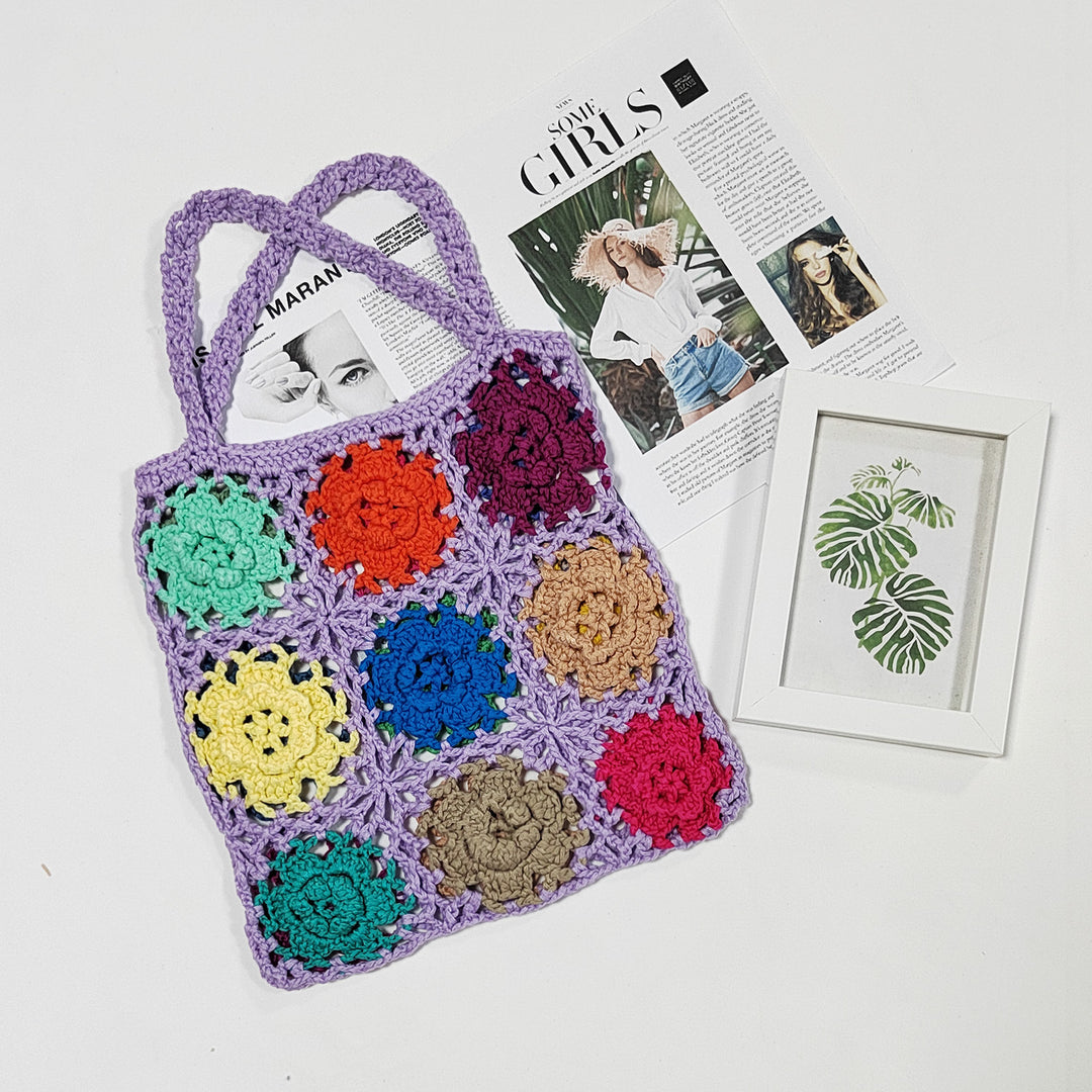 Damen gehäkelte Handtasche mit buntem Blumenmuster Drune