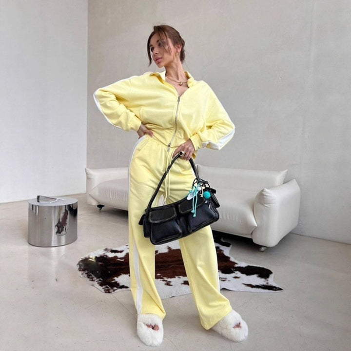 Damen weites Zip-Sweatset mit Kapuze, hohen Bund und seitlichem Kontraststreifen Drune