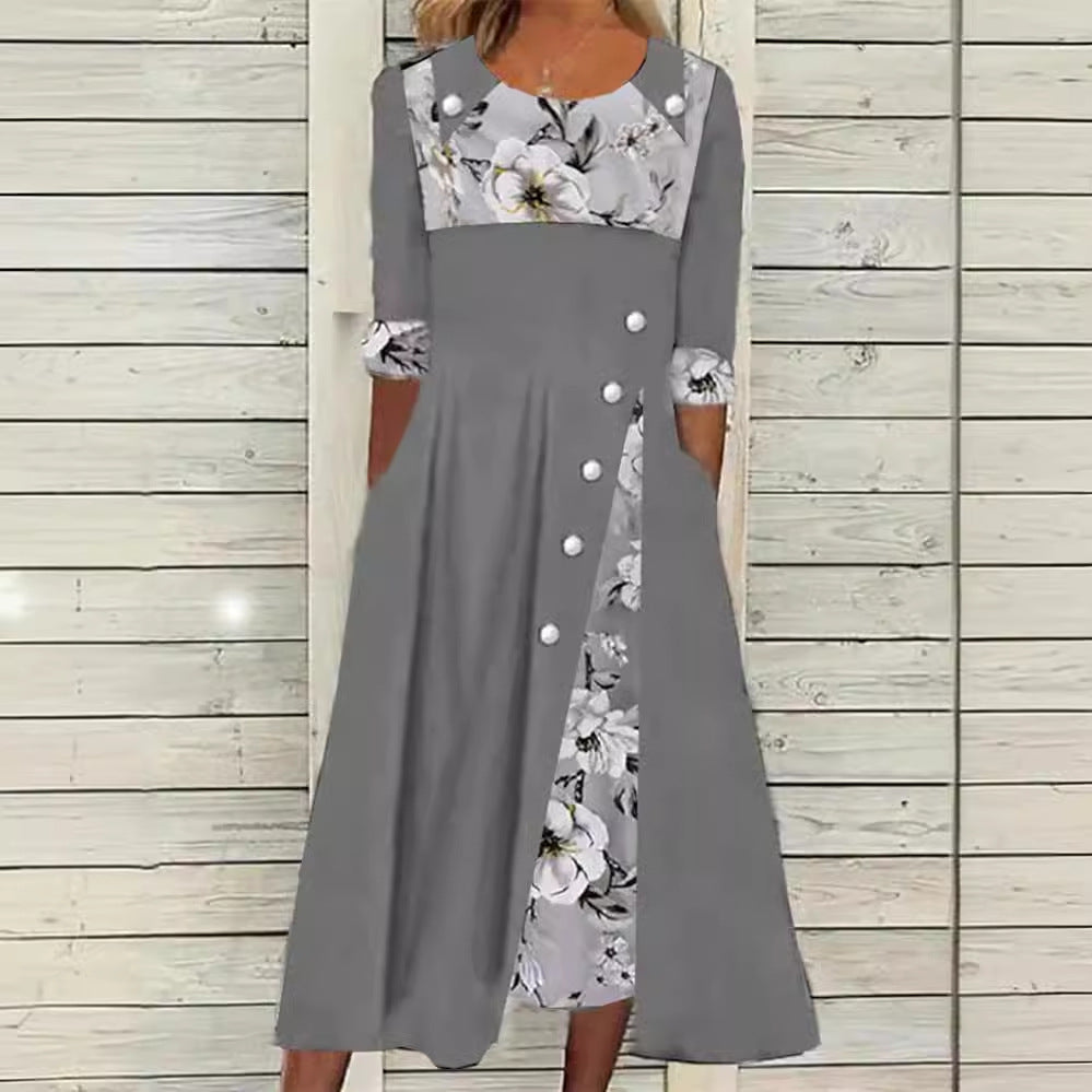 Damen Midi-Kleid mit floralem Kragen und durchgehenden Knopfdetails Drune