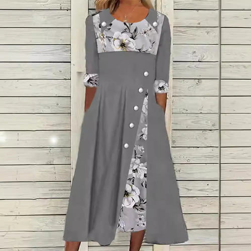 Damen Midi-Kleid mit floralem Kragen und durchgehenden Knopfdetails Drune