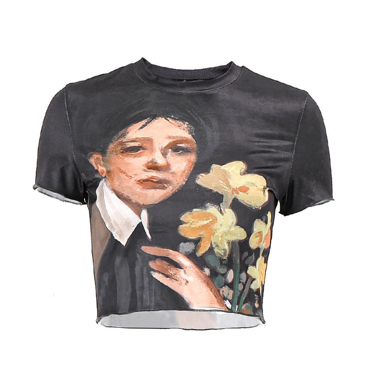 Damen cropped T-Shirt mit künstlerischem Druck und figurbetonter Passform Drune