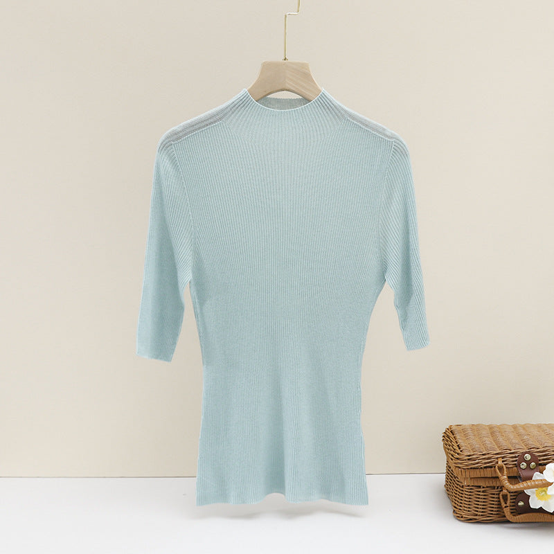 Damen Slim-Fit Rippstrick-Top mit halblangen Ärmeln und hohem Stehkragen Drune