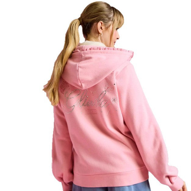 Damen nan Rüschen-Kapuzen-Sweatjacke mit Ballonärmeln und Strasslogo Drune