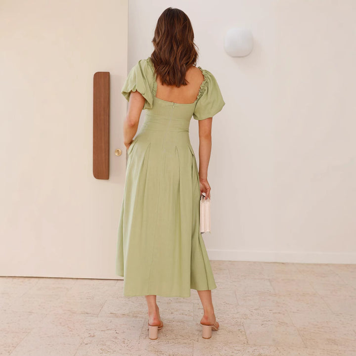 Damen Midikleid mit verspieltem Knotendetail und puffärmeligem Design Drune