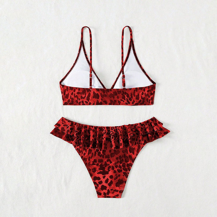 Damen Triangel-Bikini Set mit Rüschendetails und modischem Leopardenmuster Drune