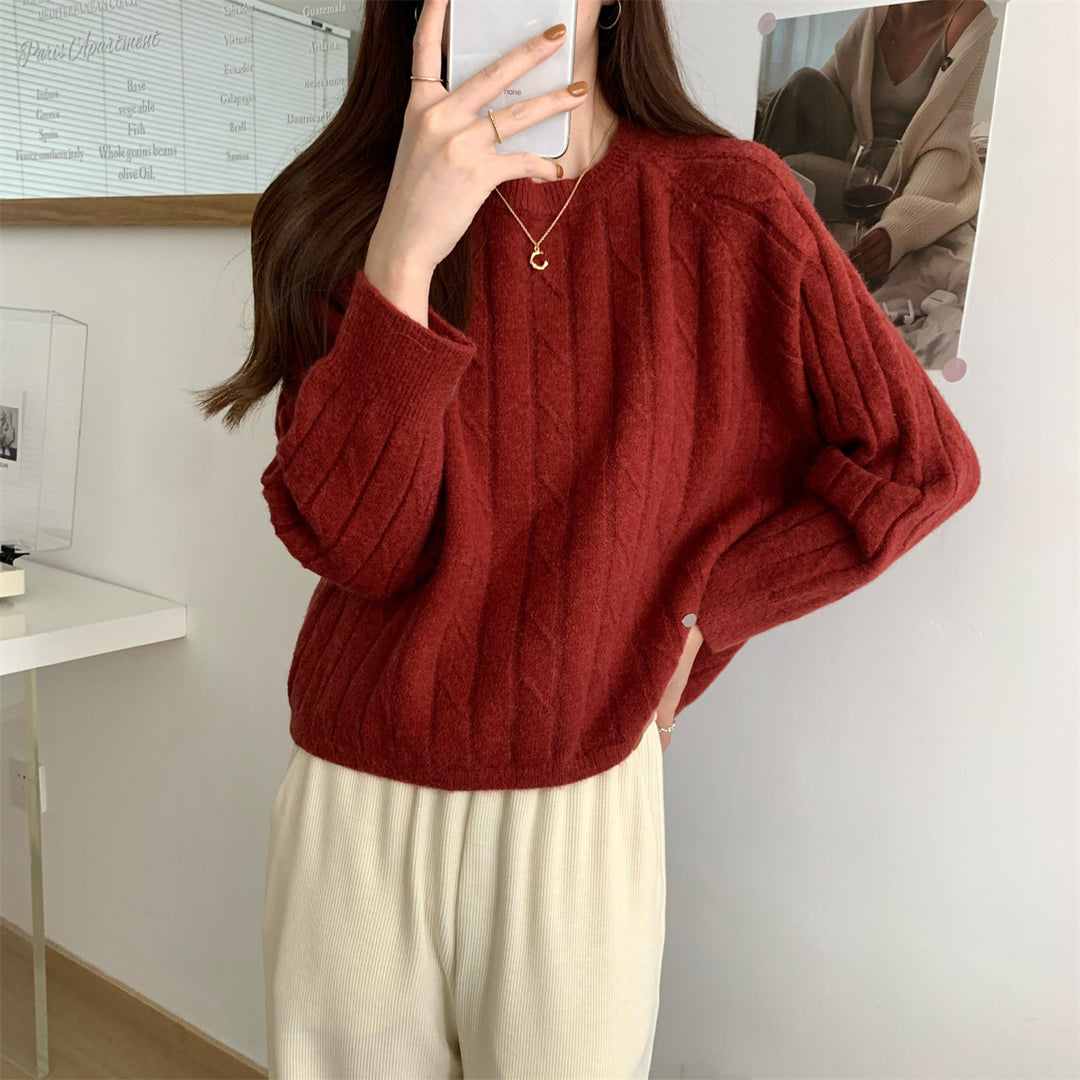 Damen lässiger Strickpullover mit Waffelmuster und weitem Schnitt Drune