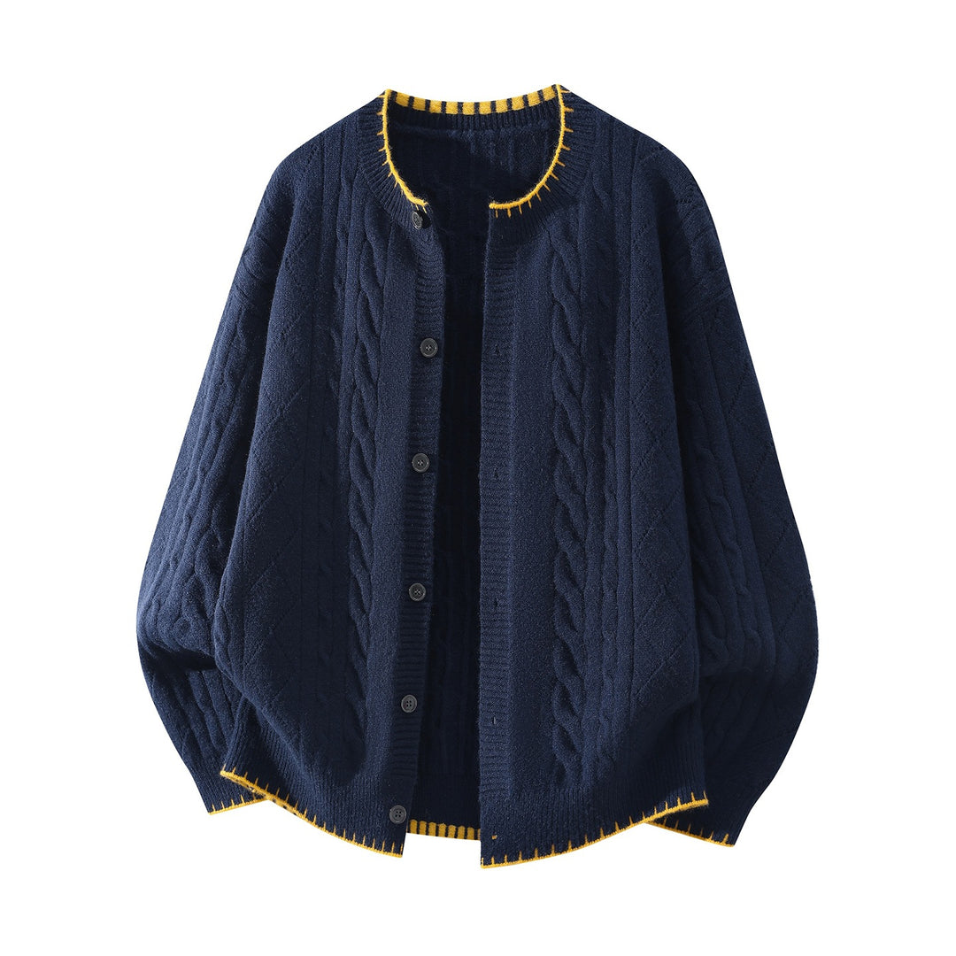 Damen Oversize Zopfmuster-Cardigan mit Rundhalsausschnitt, Ballonärmeln & Kontrastnaht Drune