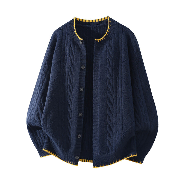 Damen Oversize Zopfmuster-Cardigan mit Rundhalsausschnitt, Ballonärmeln & Kontrastnaht Drune
