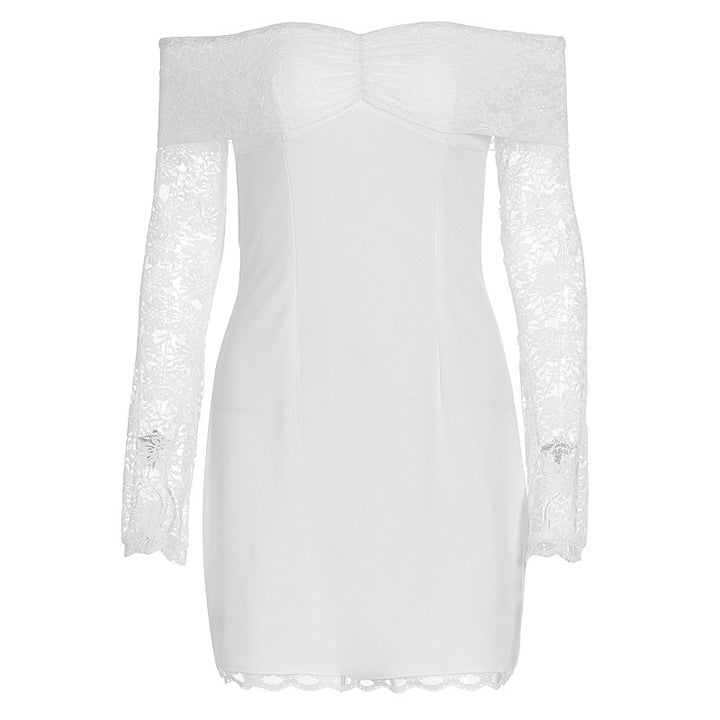 Damen Off-Shoulder Kleid mit Spitzenärmeln und figurbetontem Schnitt Drune
