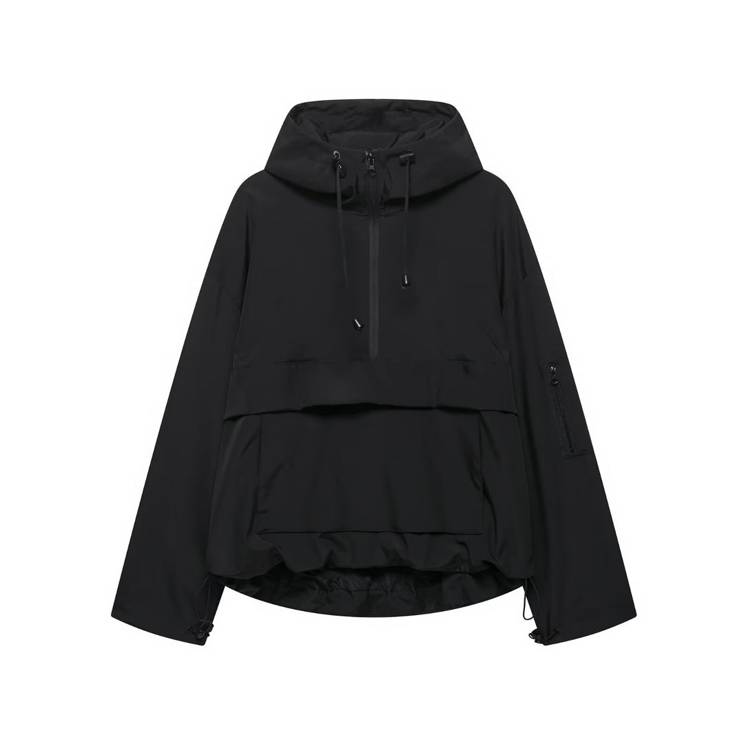 Unisex nan technischer Windbreaker Anorak mit halbhohem Reißverschluss Kapuze und Kängurutasche Drune