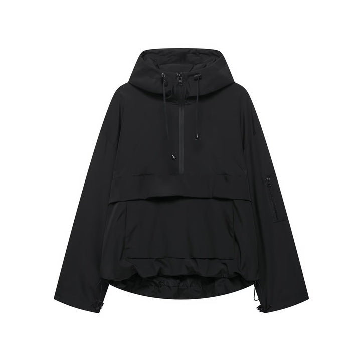 Unisex nan technischer Windbreaker Anorak mit halbhohem Reißverschluss Kapuze und Kängurutasche Drune