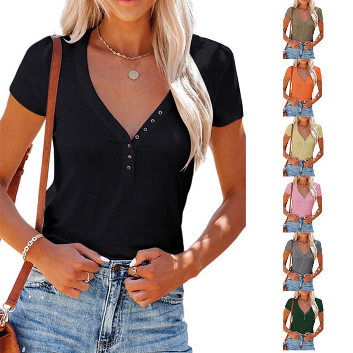 Damen Kurzärmliges V-Ausschnitt T-Shirt mit dekorativen Knöpfen Drune
