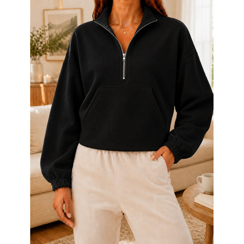 Damen Kurz geschnittener Sweatshirt-Pullover mit halbem Reißverschluss und Kängurutasche Drune