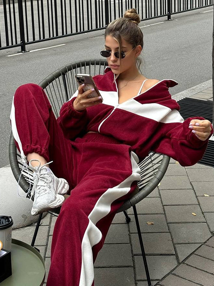 Damen Sportlicher Velvet-Jogginganzug mit Kapuze und seitlichen Streifen Drune
