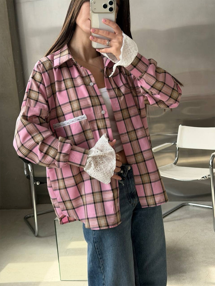 Damen Oversize-kariertes Flanellhemd mit Spitzenmanschetten und Zierpaspel Drune