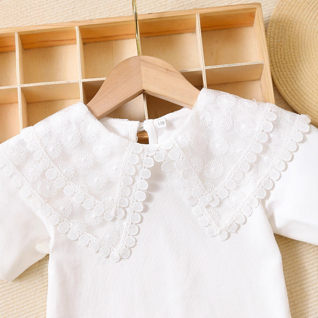 Mädchen modisches T-Shirt mit romantischem Rüschenkragen Drune