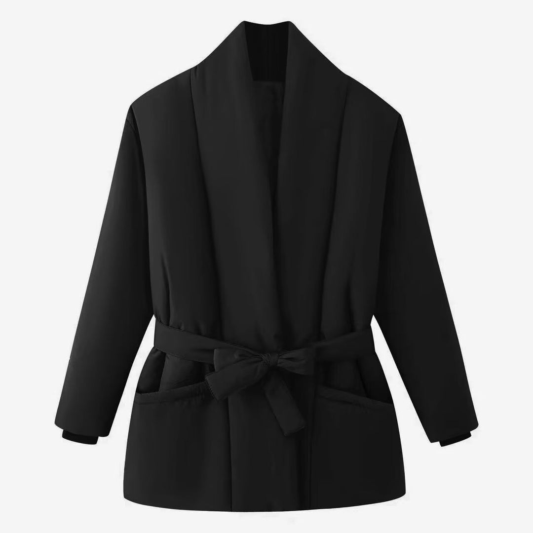 Damen Kurz gesteppte Wattierte Jacke mit Schalkragen und Taillengürtel Drune