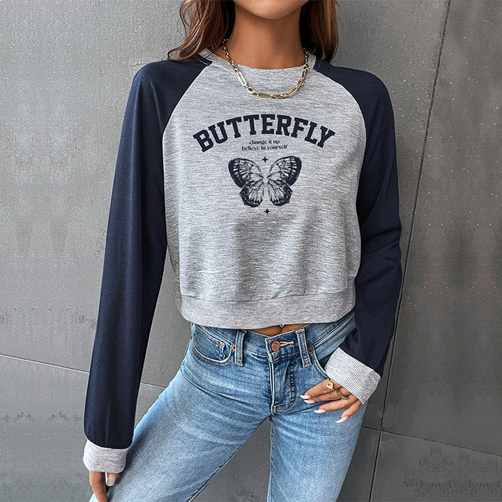Damen Cropped Raglan-Sweatshirt mit Schmetterling-Print, geripptem Saum und lässiger Passform Drune