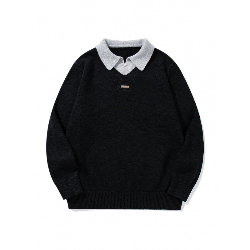 Herren Relaxter Merino-Mix Strickpullover mit kontrastierendem Polokragen und V-Detail Drune