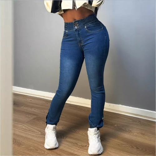 Damen Hochtaillierte formende Skinny-Jeans mit doppeltem Bundverschluss und verstellbarem Knöchel-Tunnelzug Drune