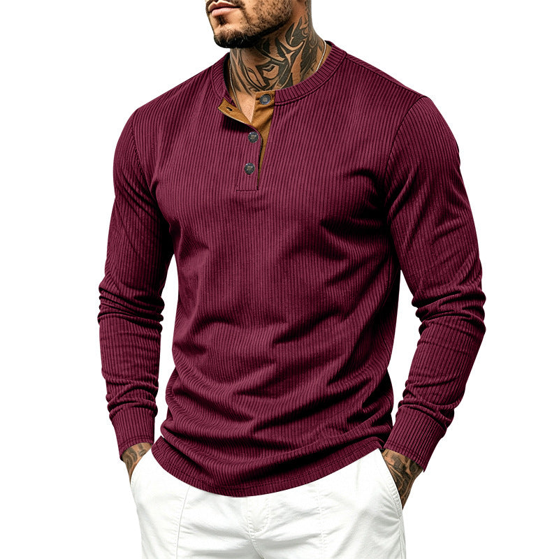 Herren Geripptes Langarm-Henley mit Stehkragen, Kontrast-Knopfleiste und Rippbündchen Drune