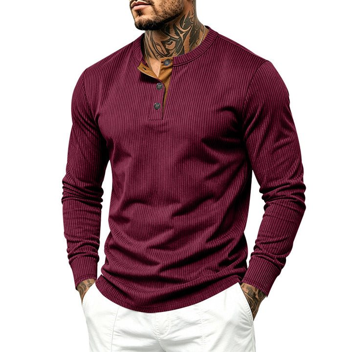 Herren Geripptes Langarm-Henley mit Stehkragen, Kontrast-Knopfleiste und Rippbündchen Drune
