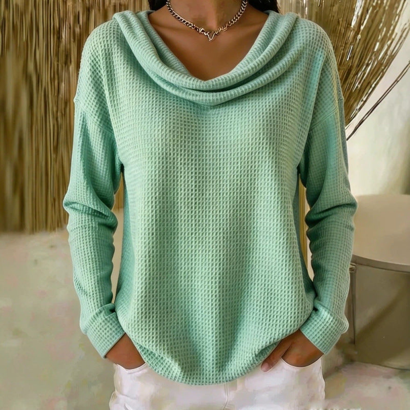 Damen Lässiger Waffelstrick-Pullover mit weitem Wasserfallkragen und gerundetem Saum Drune
