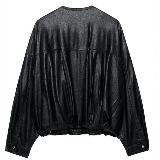 Damen Oversize Cropped Kunstleder‑Bomberjacke mit Rundhalsausschnitt und elastischem Saum Drune