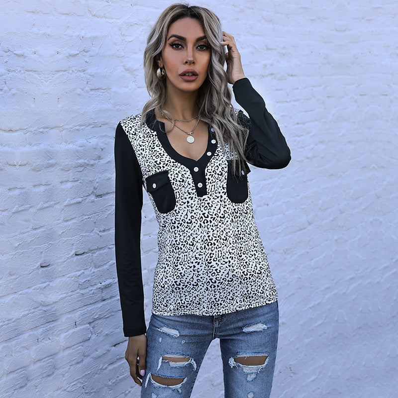 Damen Langarmshirt im Animal-Print mit kontrastierenden Ärmeln, Knopfleiste und Brusttaschen Drune