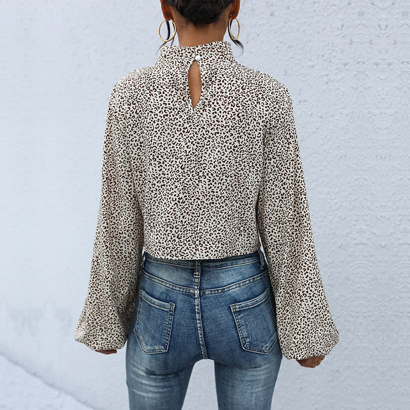 Damen Kurzbluse mit Drehfront, Stehkragen, Ballonärmeln und Animal‑Muster Drune