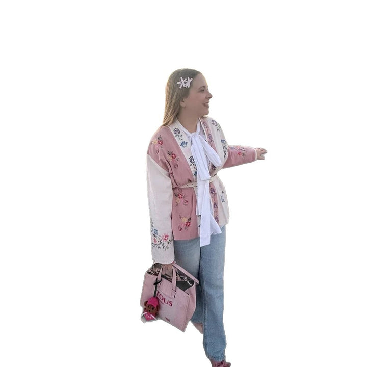 Damen Bestickte leichte Kimono-Jacke mit floralen Applikationen und offenem Fall Drune